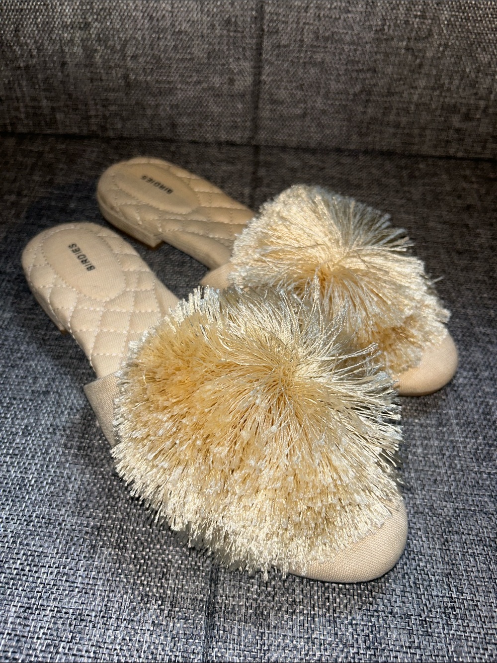 Birdies Champagne Pom Pom Slide Mules - Picture 1 of 7